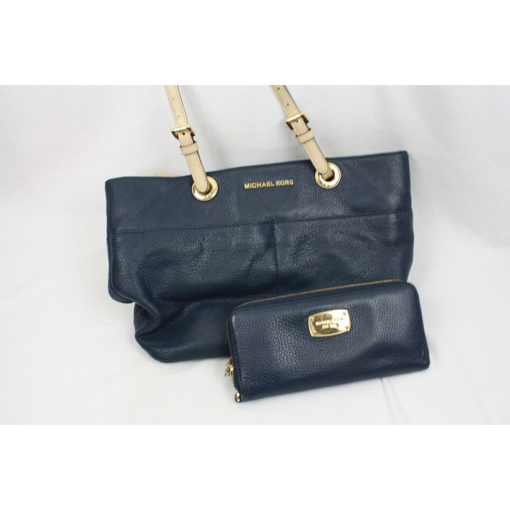 Michael Kors Purse Double Strap Handles with Matching Wallet Color Navy Blue